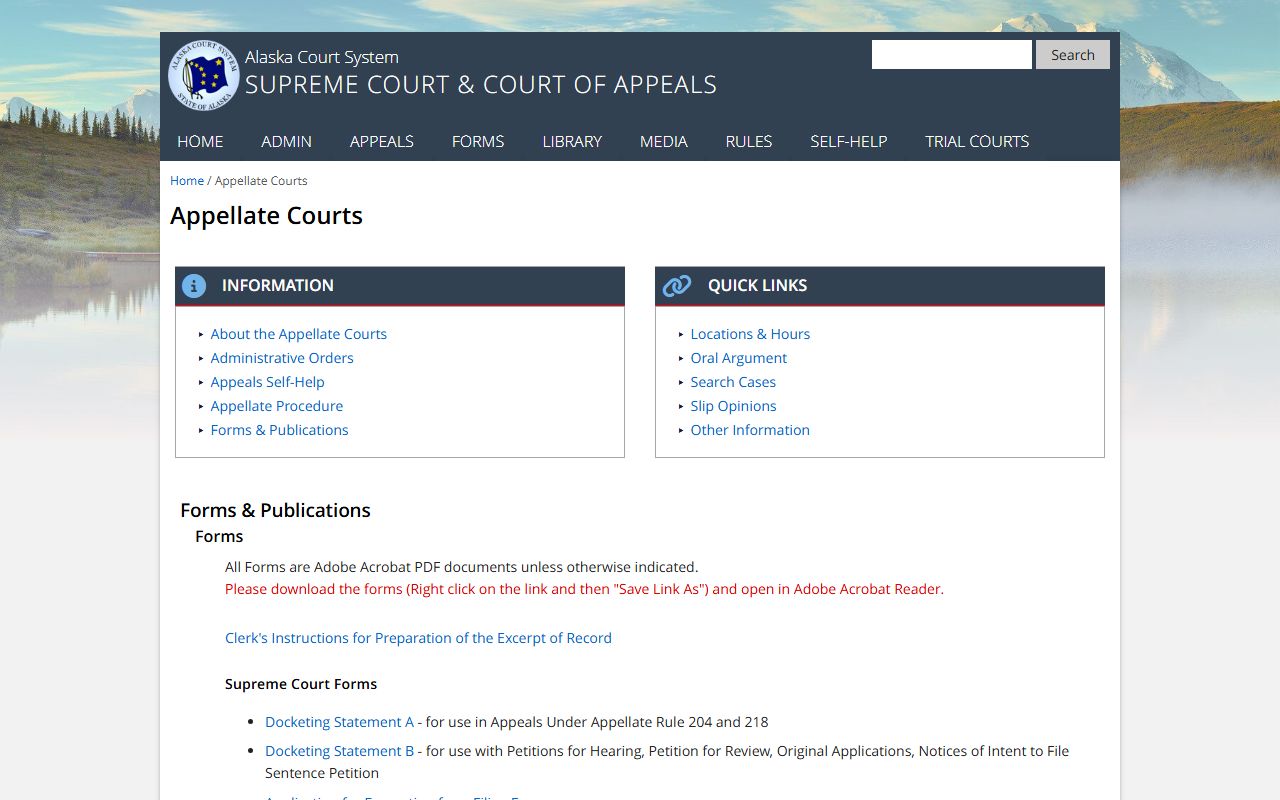 Alaska Appellate Courts for civil court records appeals
