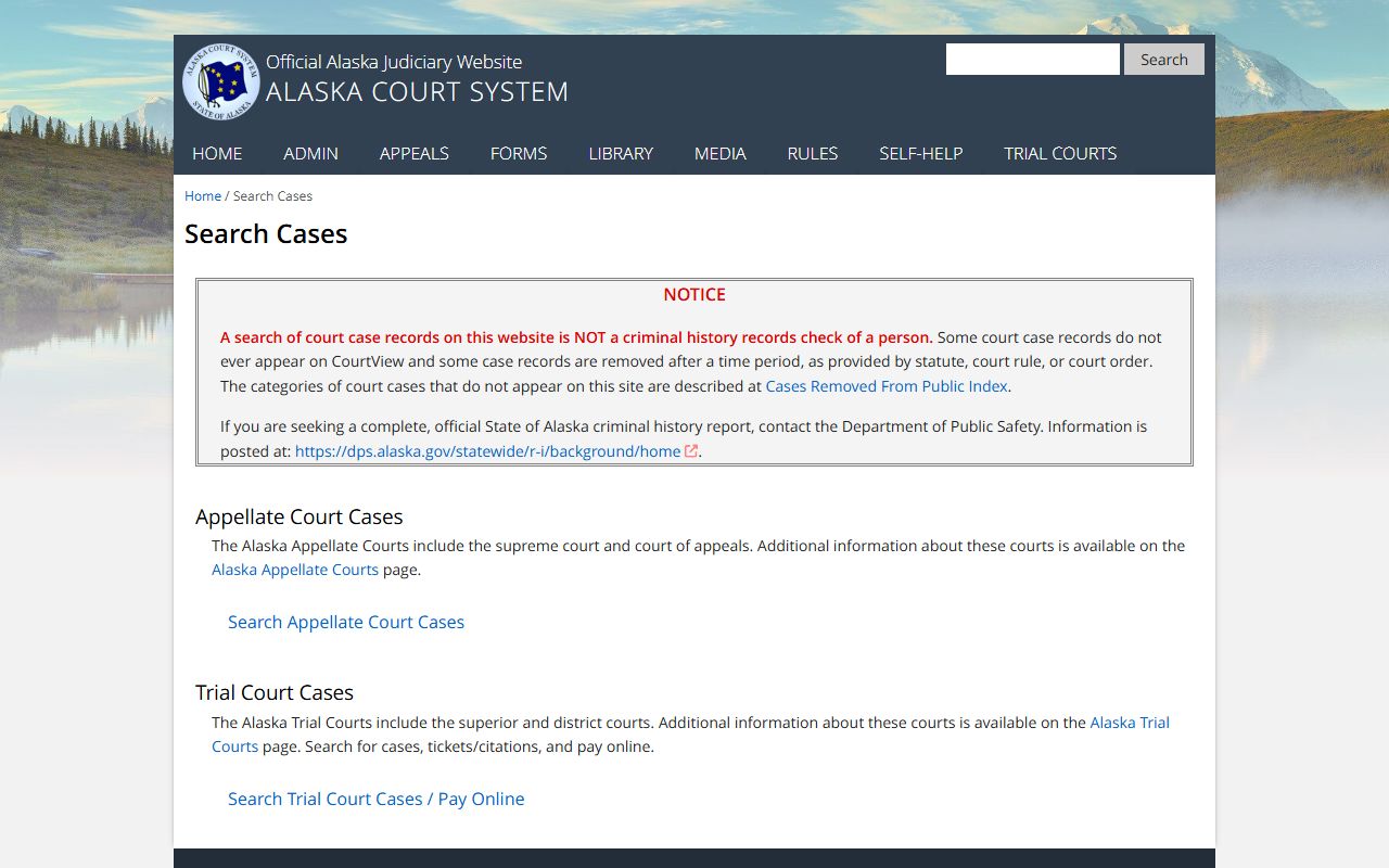 Alaska Court System case search portal for civil court records